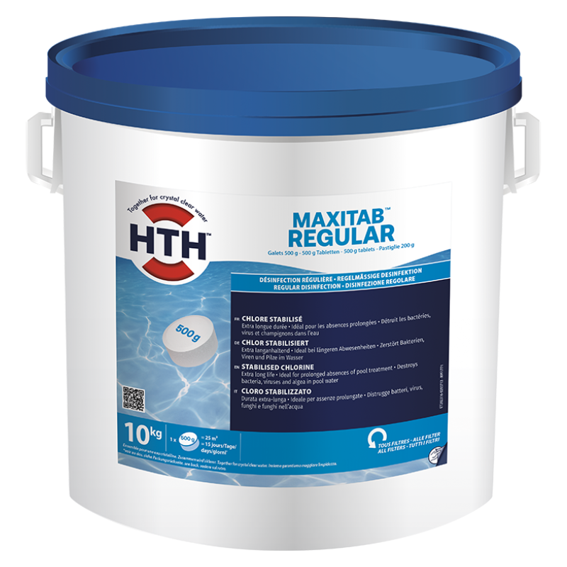Chlore stabilisé désinfection régulière hth® MAXITAB Regular galets 500 g. - 10kg - 10 kg
