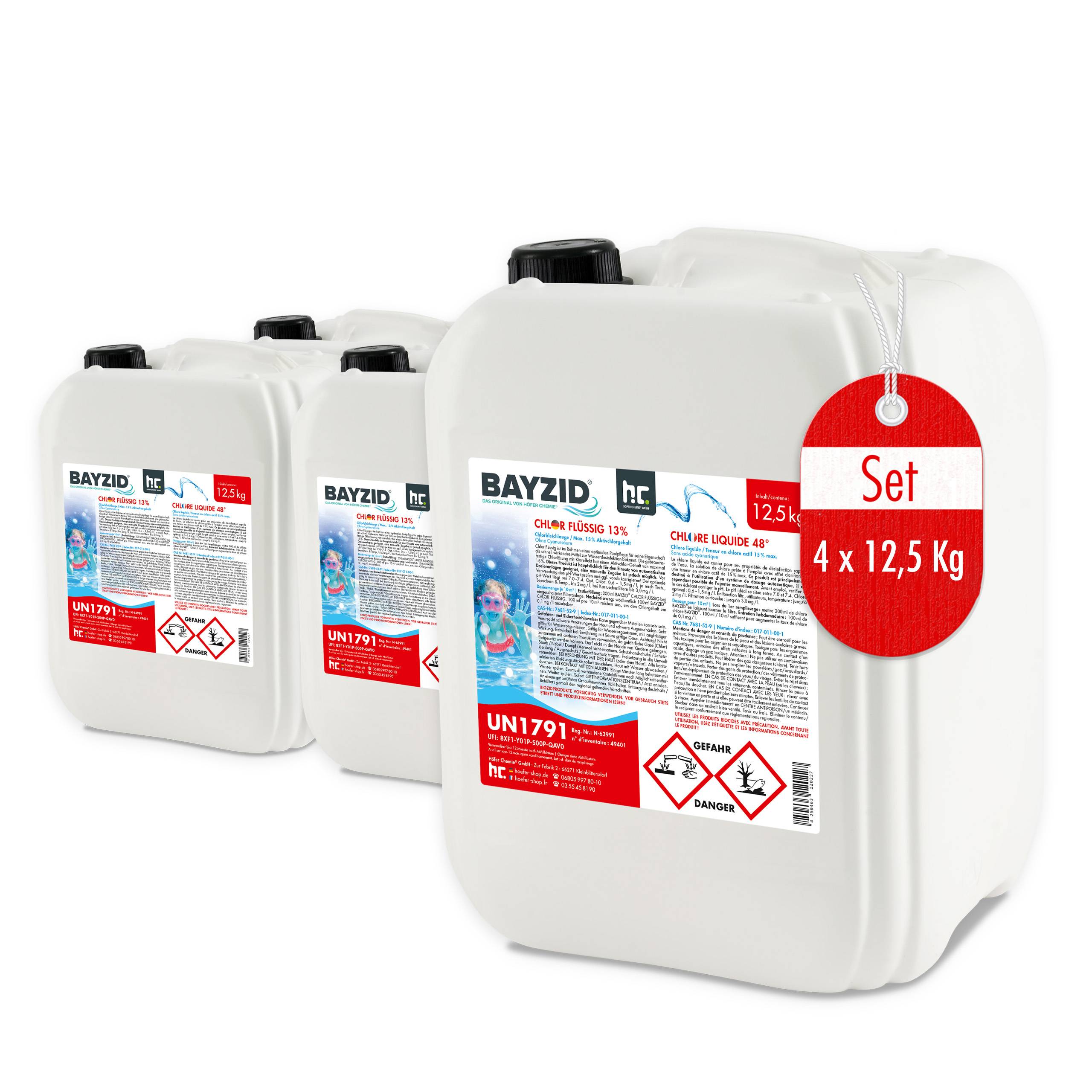 Chlore liquide 48° Bayzid® en bidon de 12,5 KG (10 L) x 4