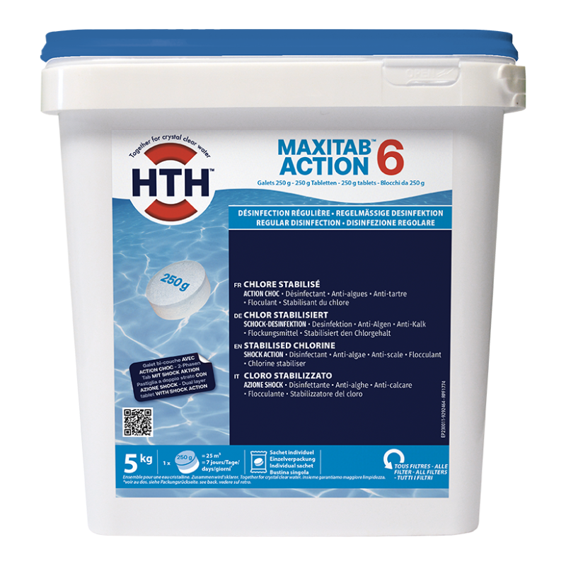 Chlore multiaction HTH MAXITAB Action 6 - Galets bi-couche 250 g. - 5 kg