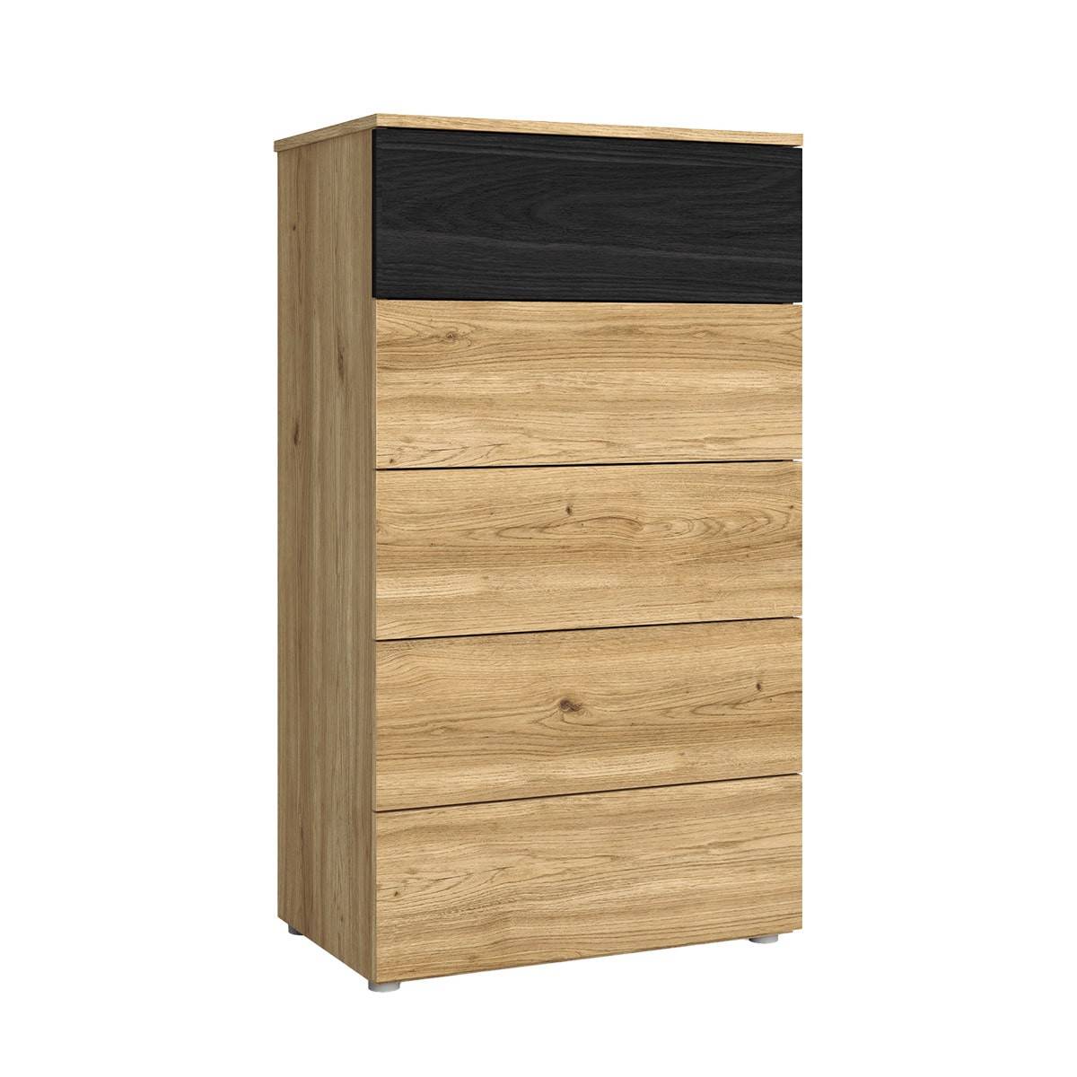 Chiffonnier 5 Tiroirs Effet Chêne et Bois Noir - KONETIS