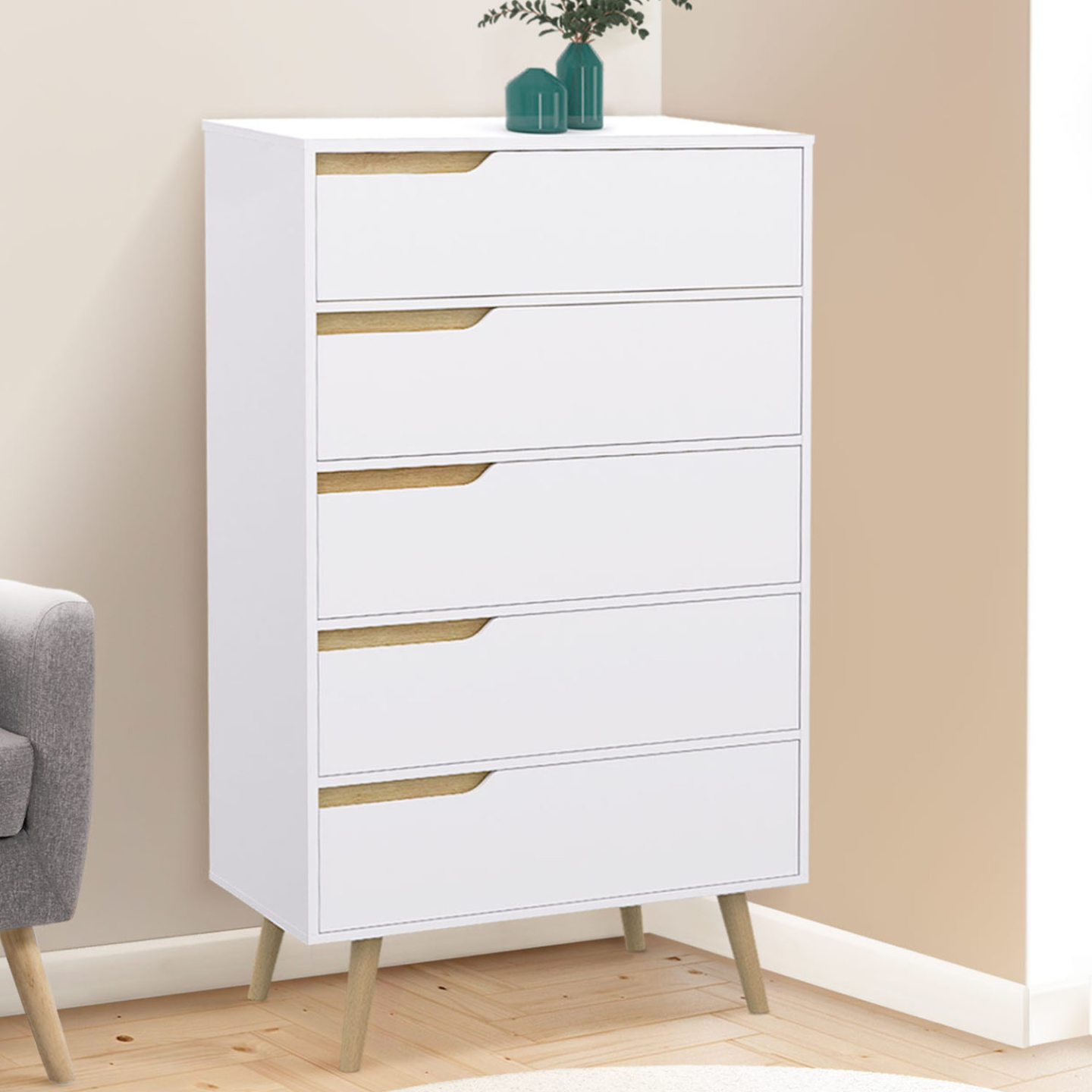 Chiffonnier 5 tiroirs HELSINKI 60 cm scandinave blanc commode semainier