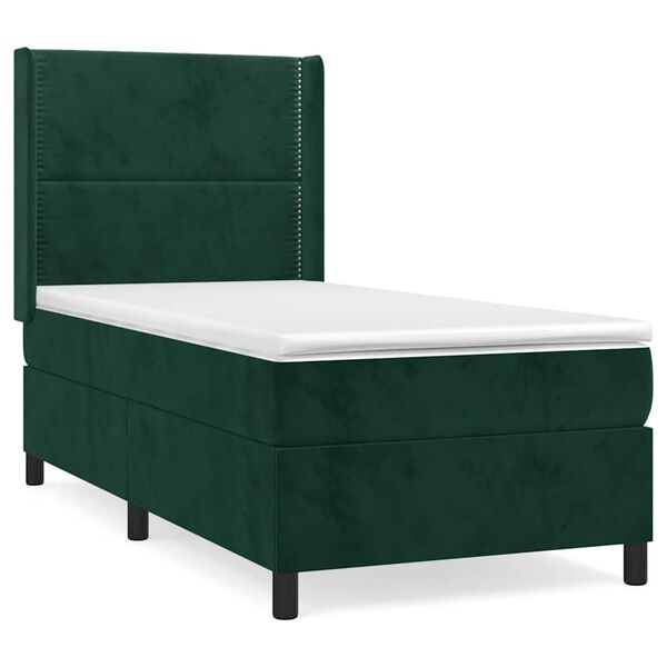 Cama box spring con colchón terciopelo verde oscuro 90×190 cm Verde oscuro Liso con clavos 90 x 190 cm