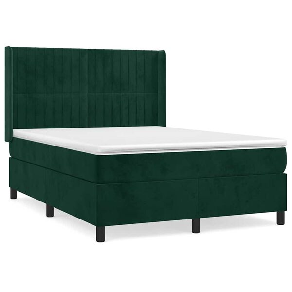 Cama box spring con colchón terciopelo verde oscuro 140×200 cm Verde oscuro Rayas verticales 140 x 200 cm