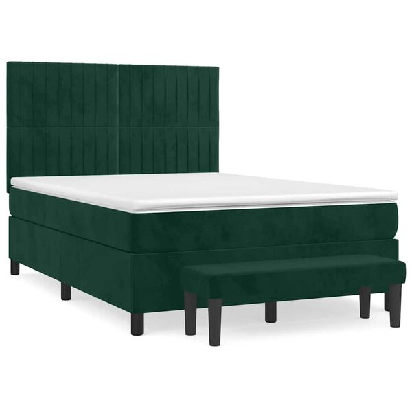 Cama box spring con colchón terciopelo verde oscuro 140×190 cm Verde oscuro Rayas verticales 140 x 190 cm
