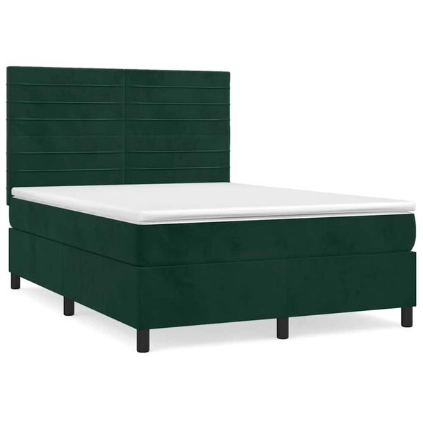 Cama box spring con colchón terciopelo verde oscuro 140×200 cm Verde oscuro Rayas horizontales 140 x 200 cm
