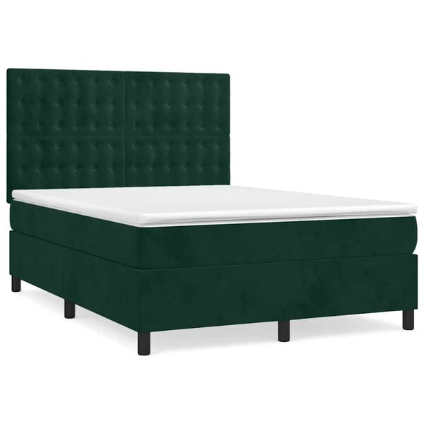 Cama box spring con colchón terciopelo verde oscuro 140×190 cm Verde oscuro botones 140 x 190 cm
