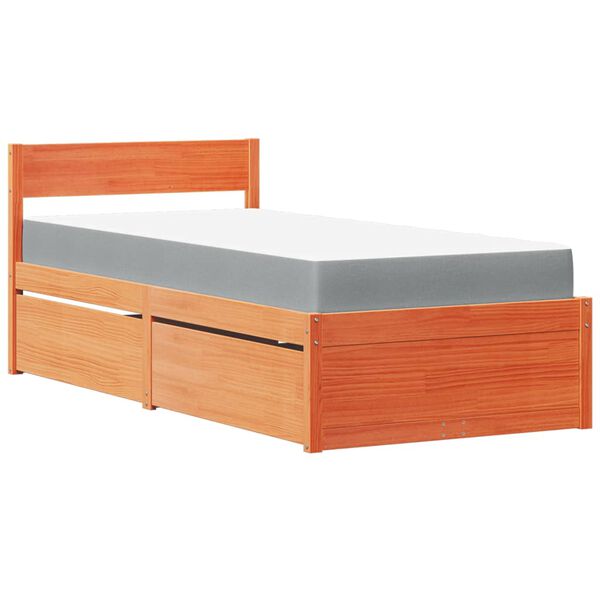 Cama con cajones y colchón madera pino marrón cera 90×190 cm Marrón cera  90 x 190 cm