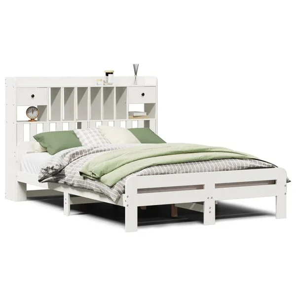 Cama con estantería sin colchón madera maciza blanca 150×200 cm Blanco  150 x 200 cm