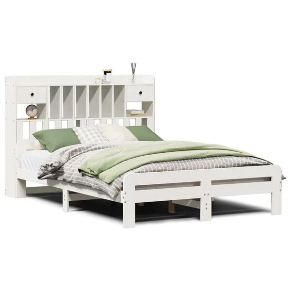 Cama con estantería sin colchón madera maciza blanca 140×190 cm Blanco  140 x 190 cm