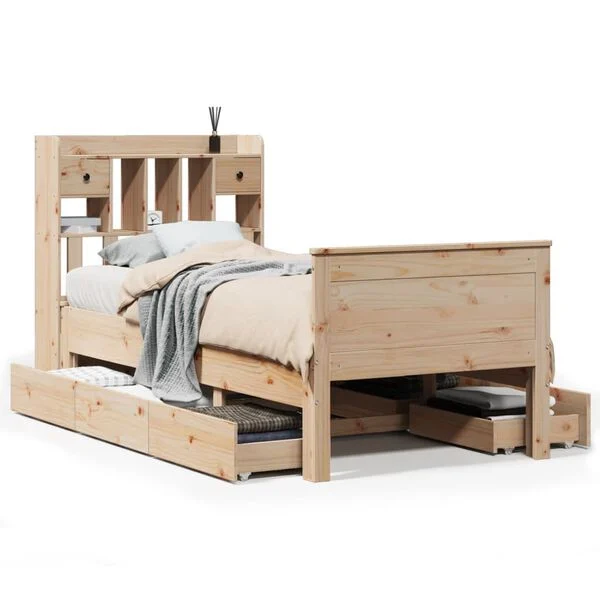 Cama con estantería sin colchón madera maciza de pino 90×200 cm Natural  90 x 200 cm