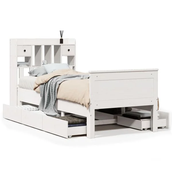 Cama con estantería sin colchón madera maciza de pino 90×190 cm Blanco  90 x 190 cm