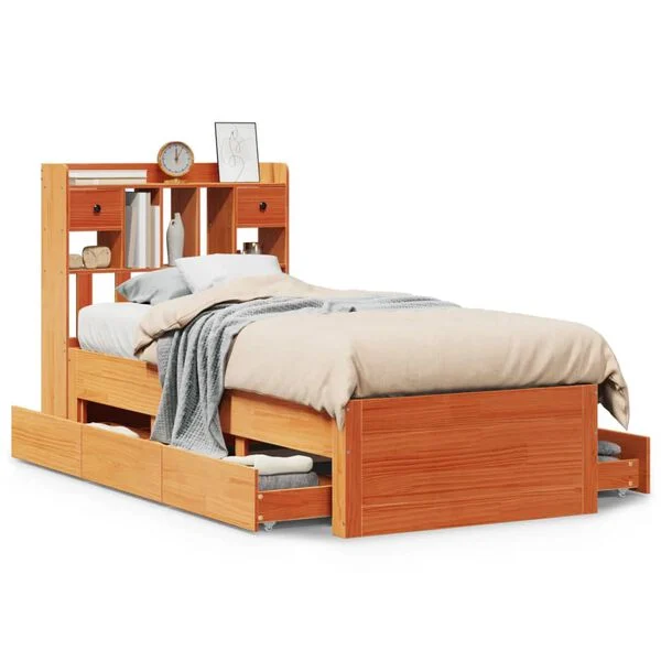 Cama con estantería sin colchón madera maciza marrón 75×190 cm Marrón cera  75 x 190 cm