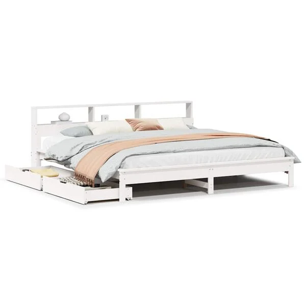 Cama con estantería sin colchón madera maciza blanca 200×200 cm Blanco  200 x 200 cm