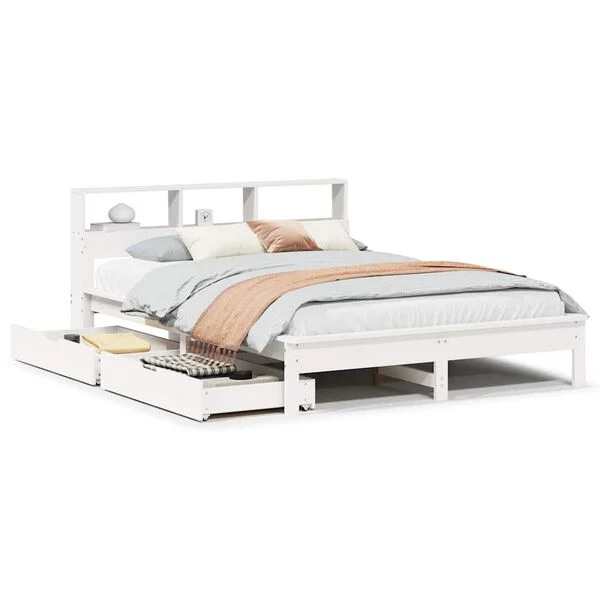 Cama con estantería sin colchón madera maciza blanca 160×200 cm Blanco  160 x 200 cm