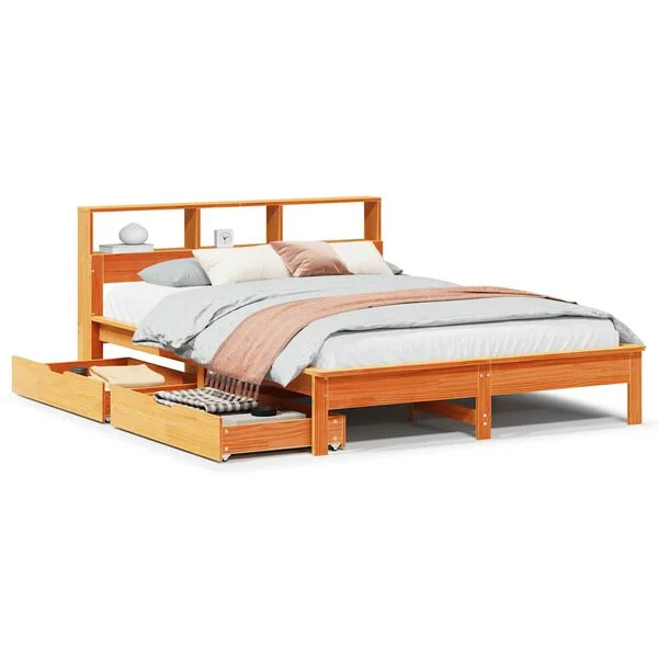 Cama con estantería sin colchón madera maciza marrón 135x190cm Marrón cera 135 x 190 cm