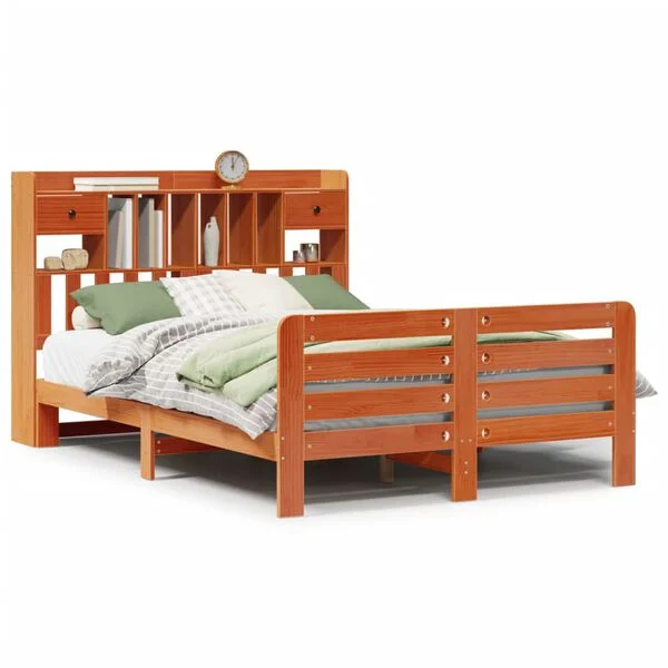 Cama con estantería sin colchón madera maciza marrón 160×200 cm Marrón cera  160 x 200 cm