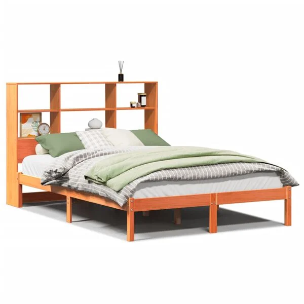 Cama con estantería sin colchón madera maciza marrón 120×190 cm Marrón cera  120 x 190 cm