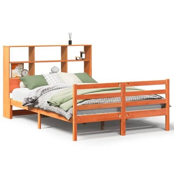 Cama con estantería sin colchón madera maciza marrón 140x200cm Marrón cera  140 x 200 cm