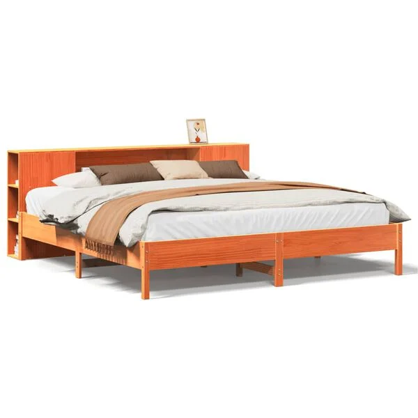 Cama con estantería sin colchón madera maciza marrón 200×200 cm Marrón cera  200 x 200cm