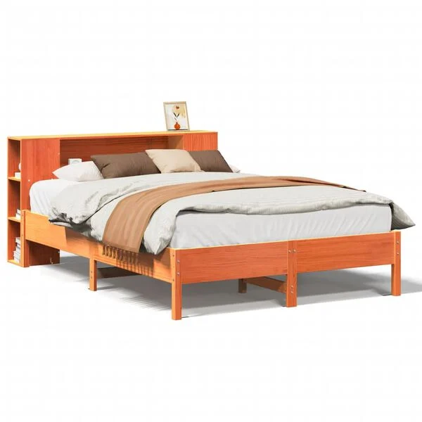 Cama con estantería sin colchón madera maciza marrón 150×200 cm Marrón cera  150 x 200cm