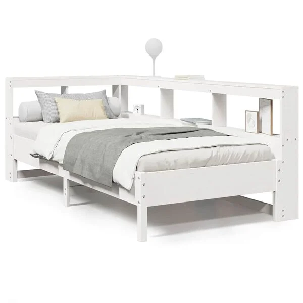 Cama con estantería sin colchón madera maciza blanca 75×190 cm Blanco 75 x 190 cm