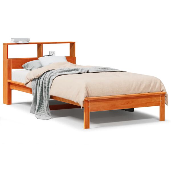 Cama con estantería sin colchón madera maciza marrón 90×190 cm Marrón cera 90 x 190 cm