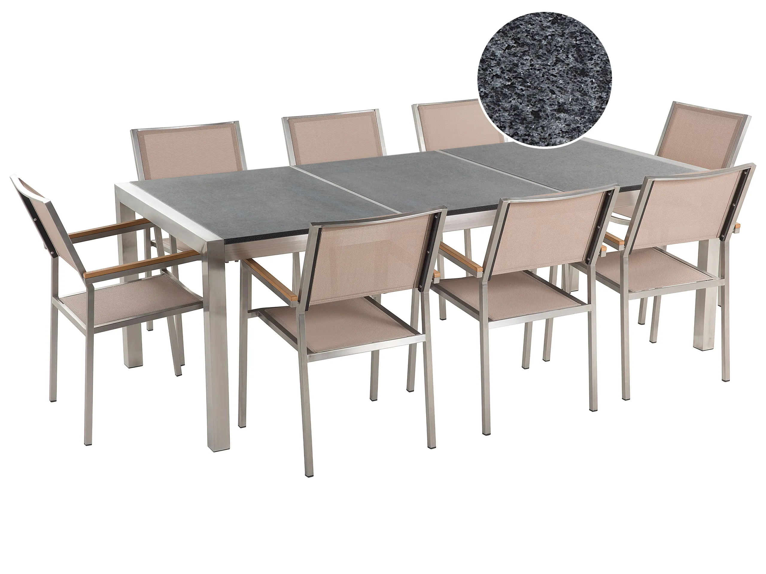 Conjunto de comedor exterior 8 plazas GROSSETO Placa triple Granito Pulido Gris/Beige