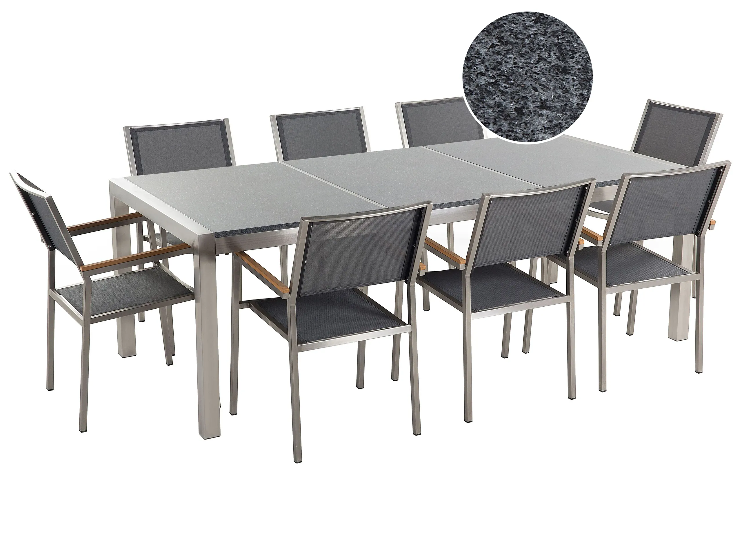 Conjunto de comedor exterior 8 plazas GROSSETO Placa triple Granito Pulido Gris