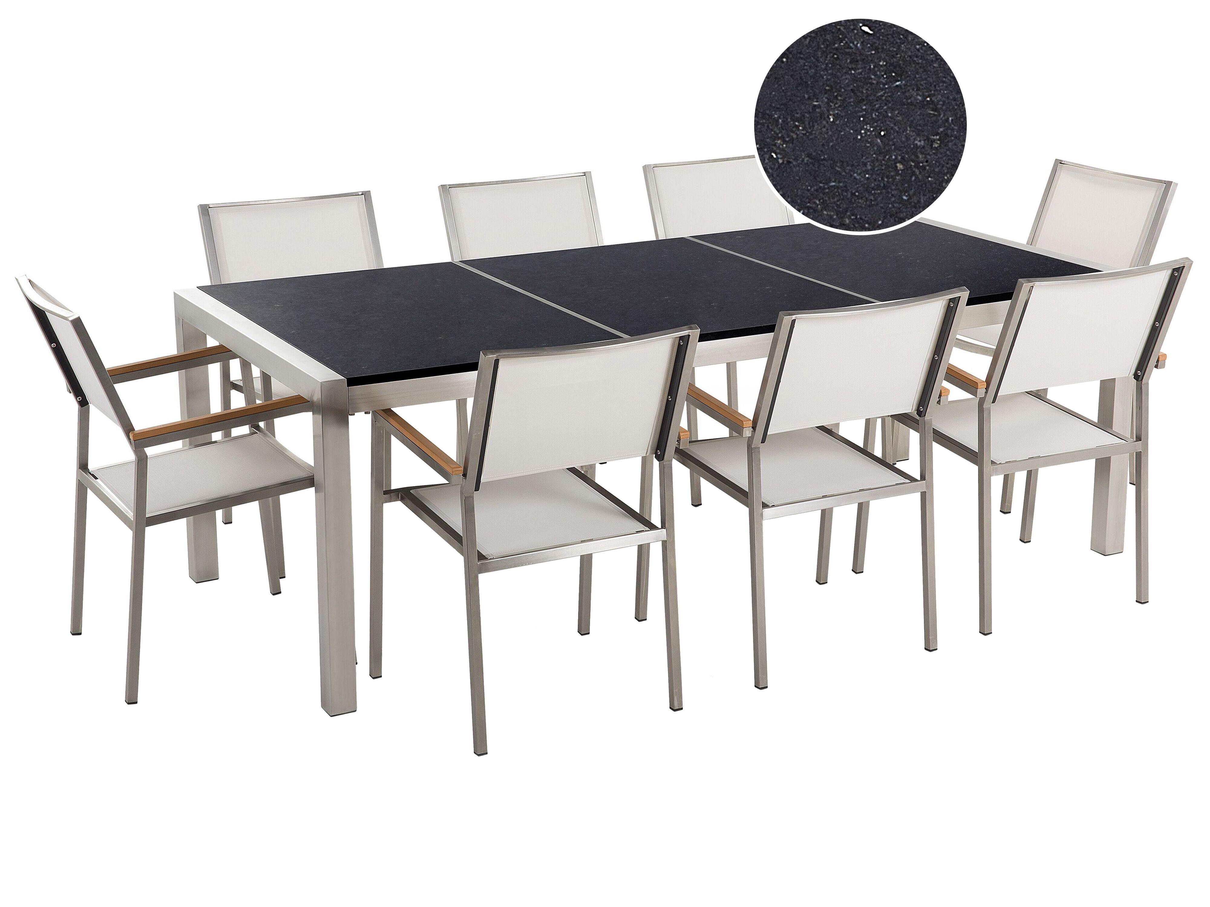 Conjunto de comedor exterior 8 plazas GROSSETO Placa triple Granito Pulido Negro/Blanco