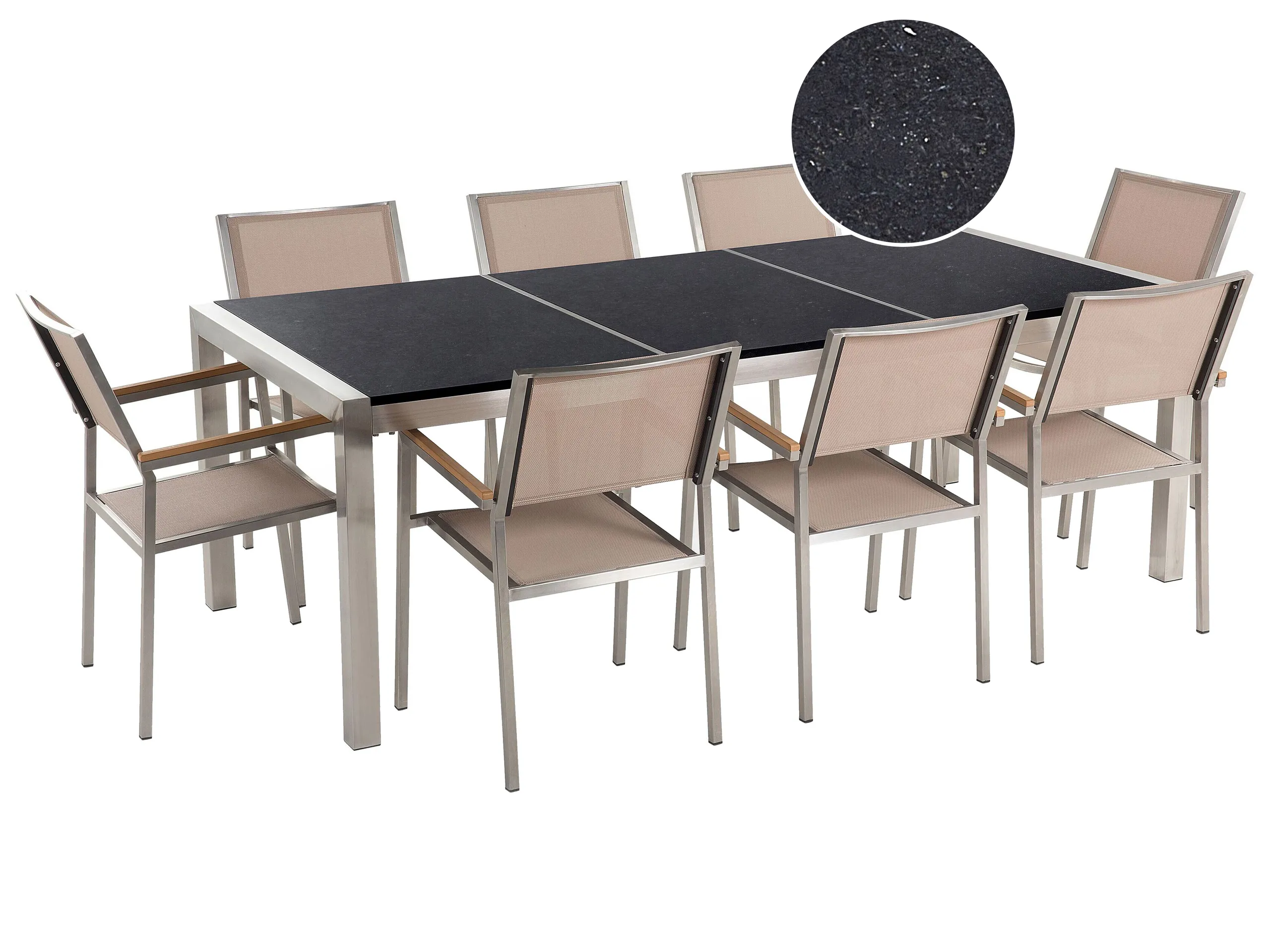 Conjunto de comedor exterior 8 plazas GROSSETO Placa triple Granito Pulido Negro/Beige