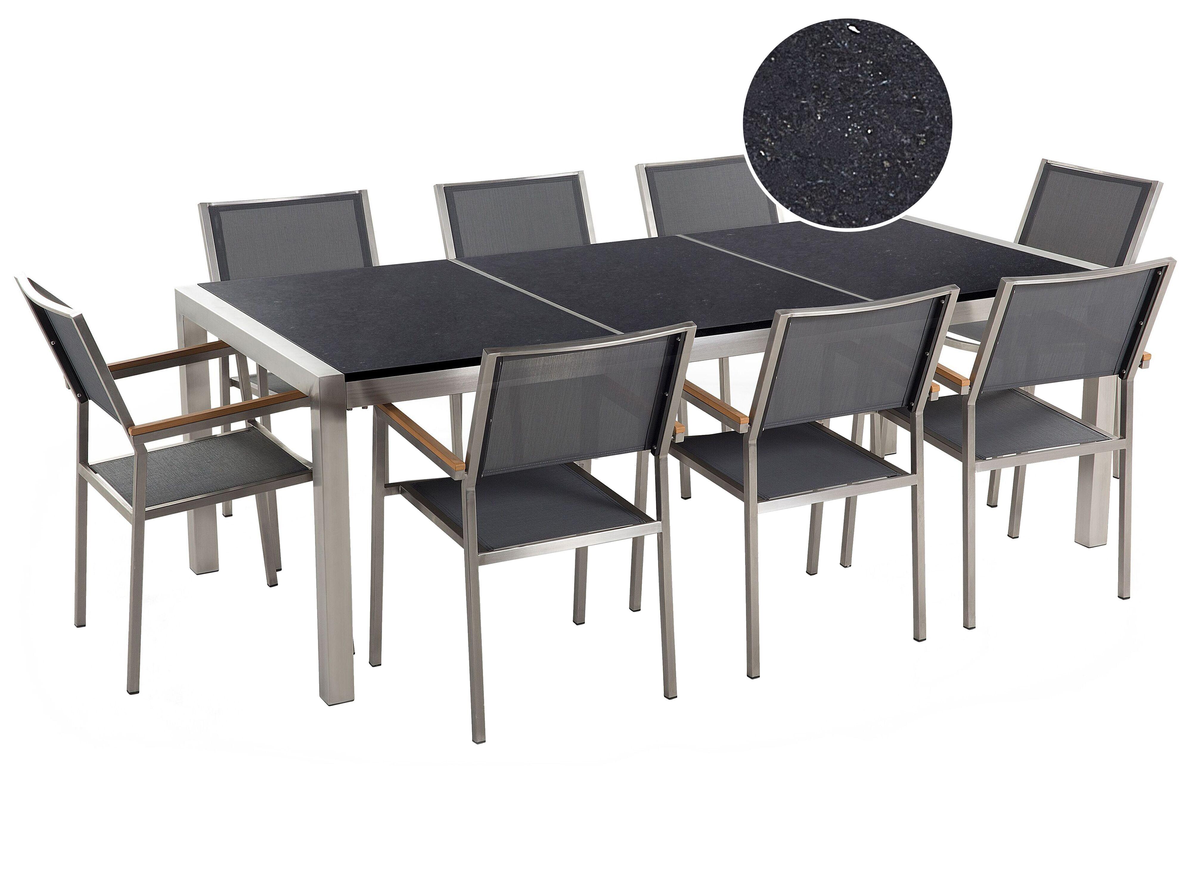 Conjunto de comedor exterior 8 plazas GROSSETO Placa triple Granito Pulido Negro/Gris
