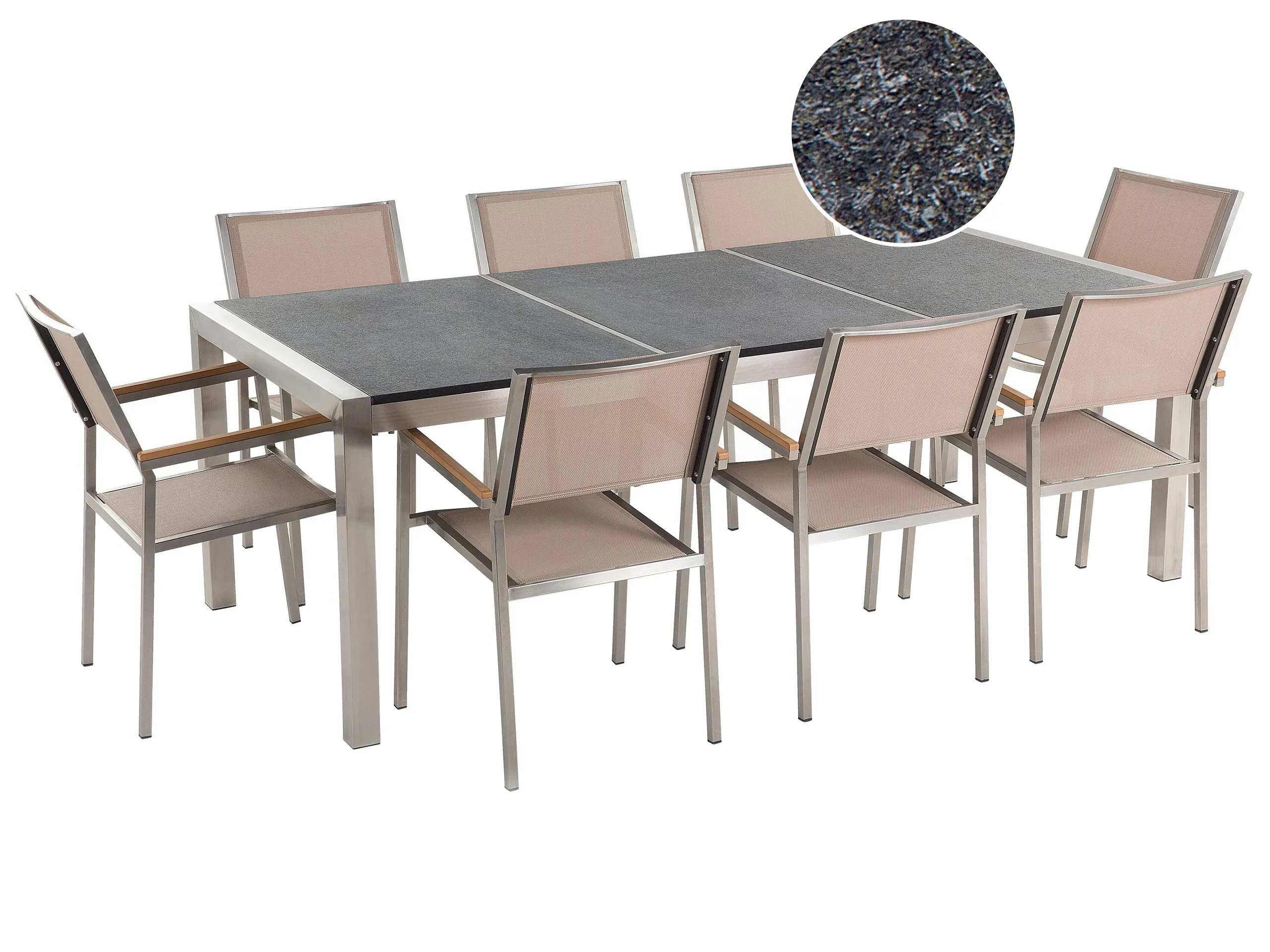 Conjunto de comedor exterior 8 plazas GROSSETO Placa triple Granito Flameado Negro/Beige