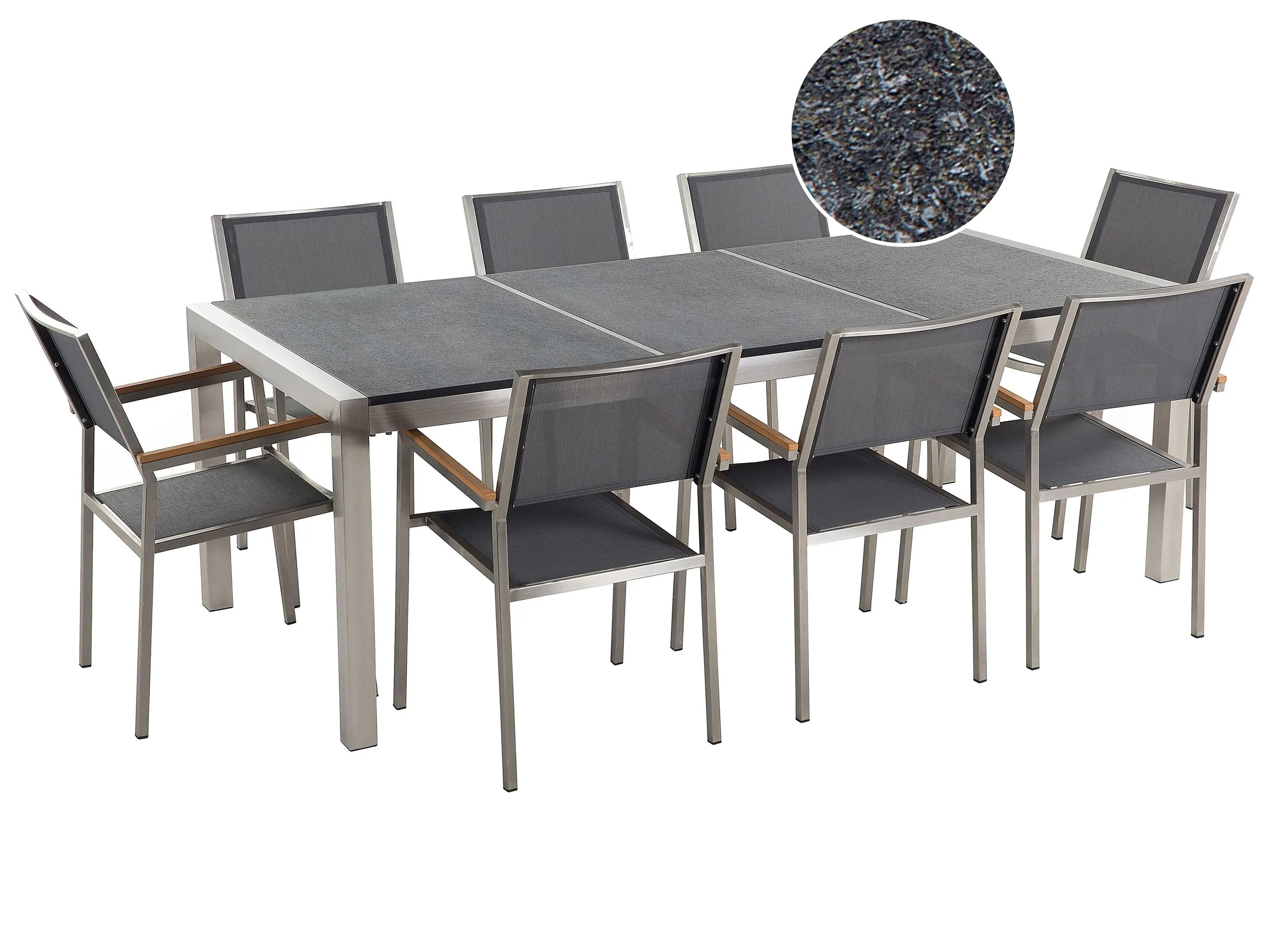 Conjunto de comedor exterior 8 plazas GROSSETO Placa triple Granito Flameado Negro/Gris