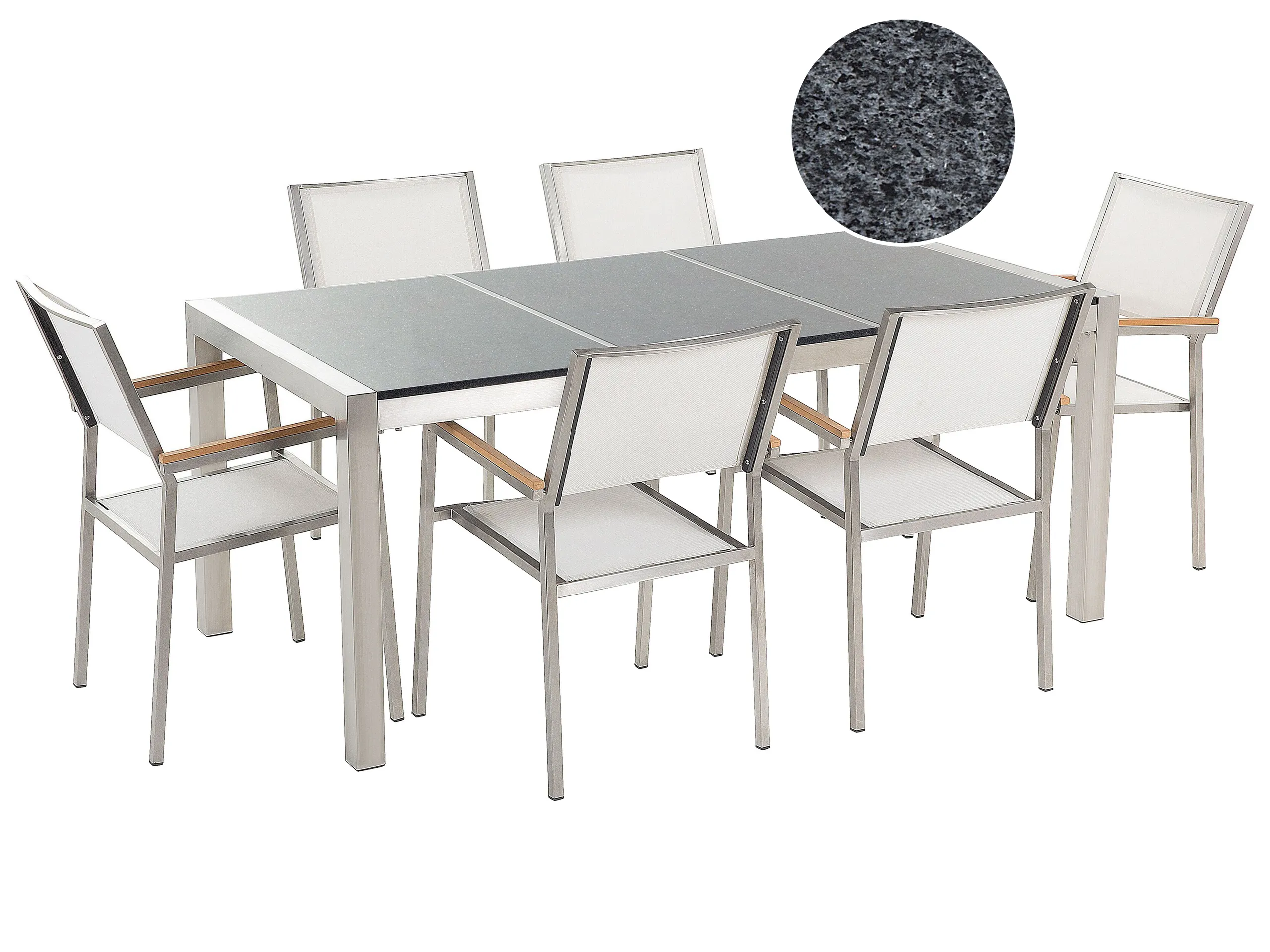 Conjunto de comedor exterior 6 plazas GROSSETO Placa triple Granito Pulido Gris/Blanco