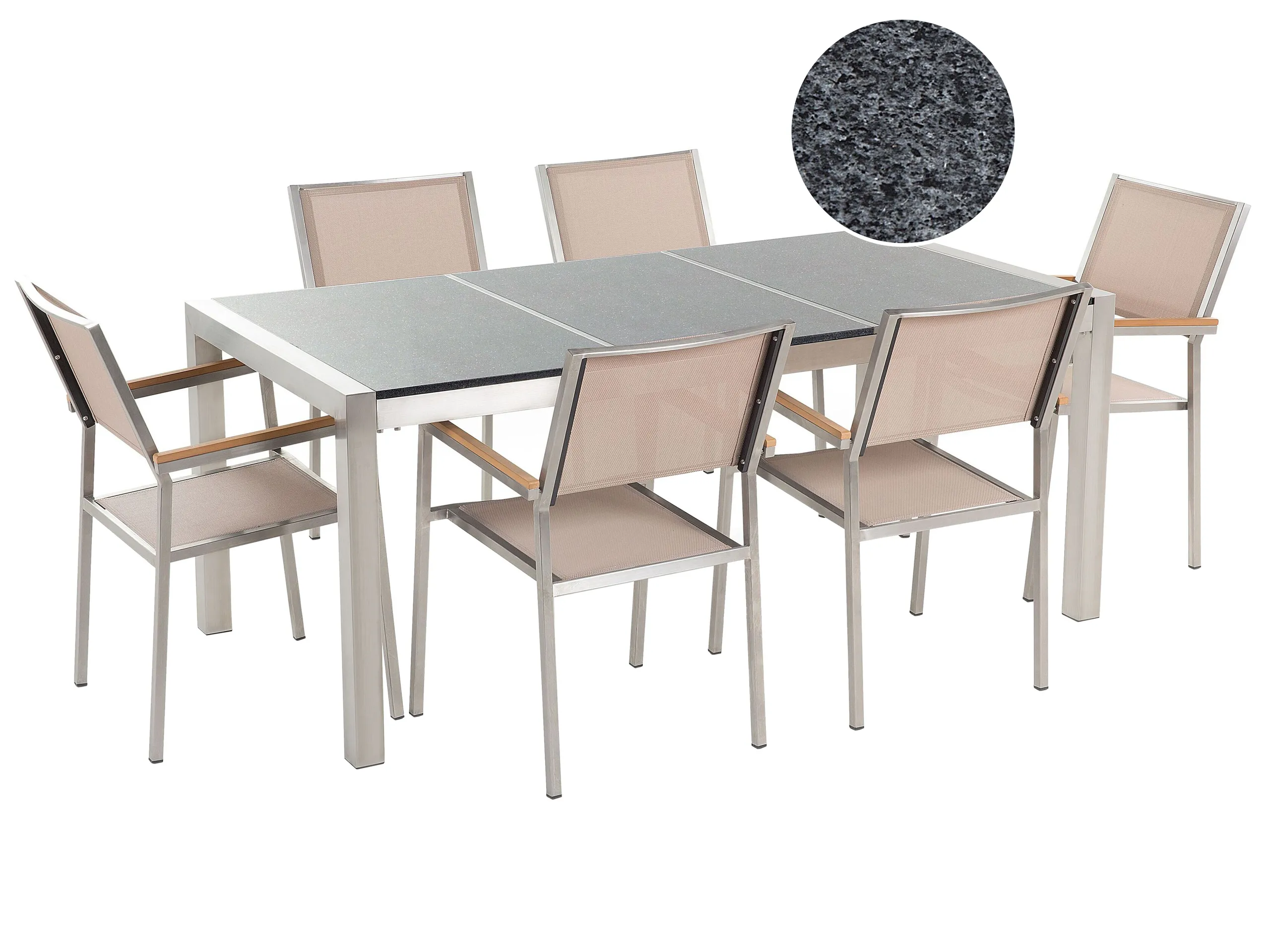 Conjunto de comedor exterior 6 plazas GROSSETO Placa triple Granito Pulido Gris/Beige
