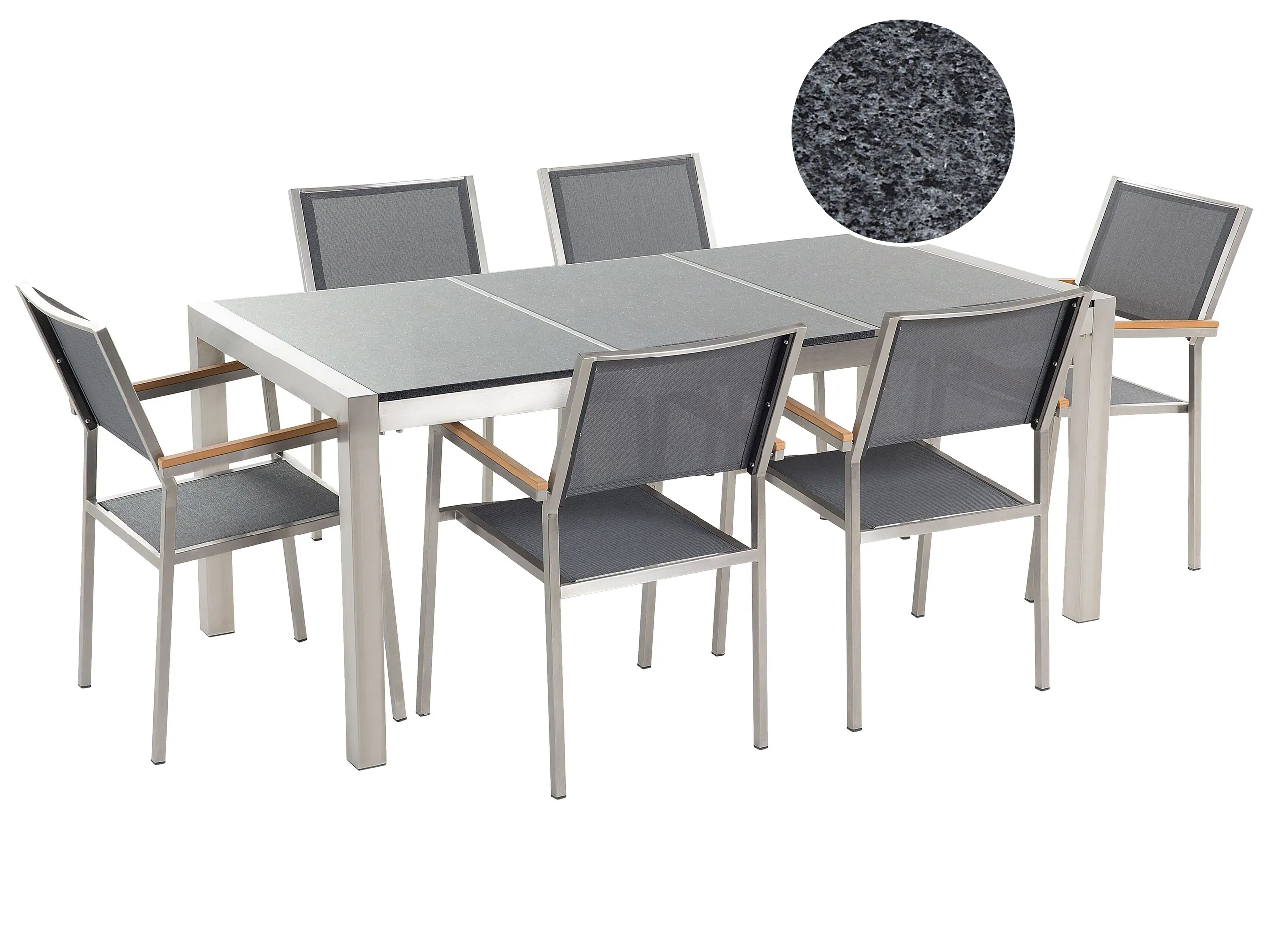 Conjunto de comedor exterior 6 plazas GROSSETO Placa triple Granito Pulido Gris