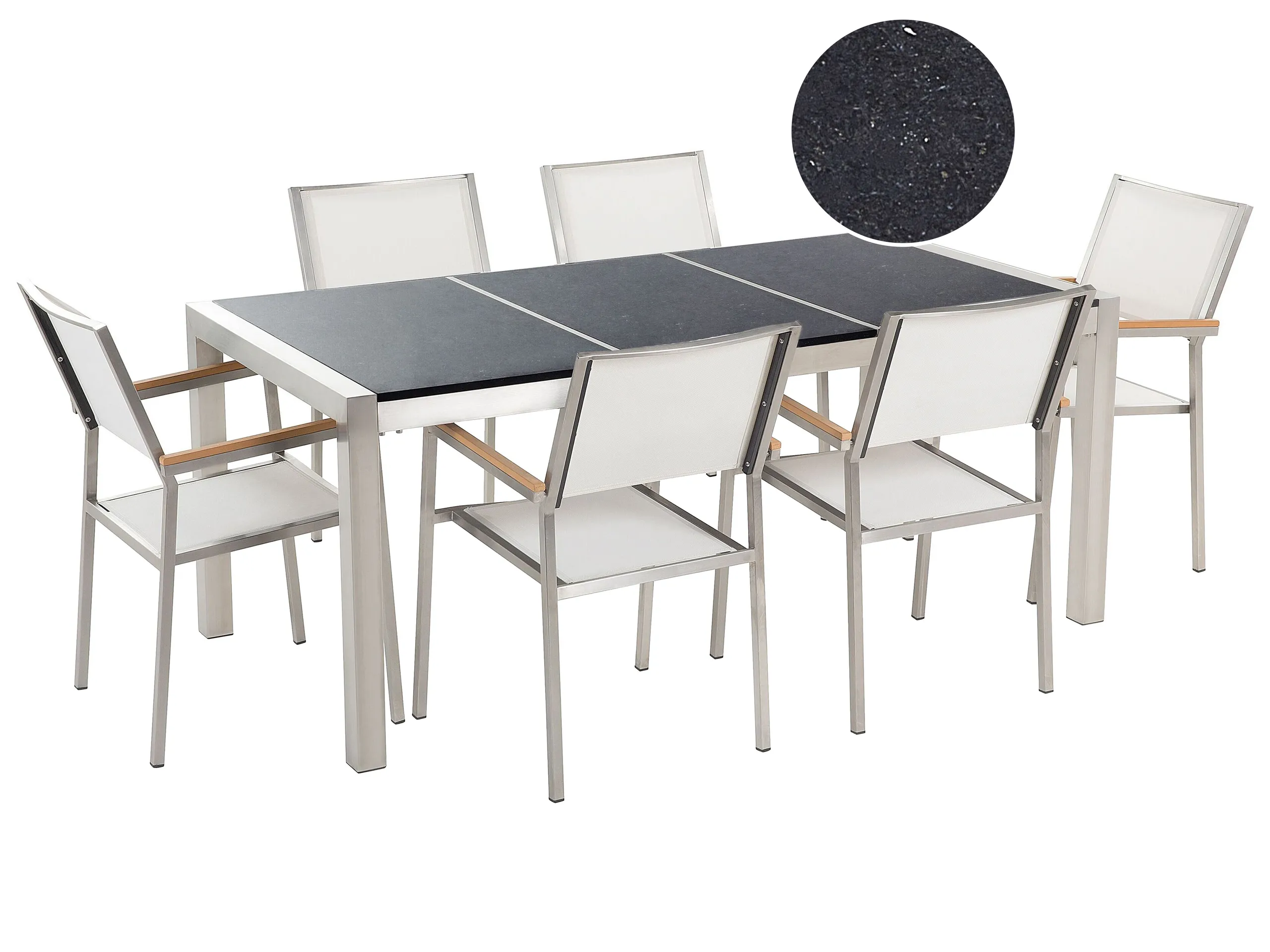 Conjunto de comedor exterior 6 plazas GROSSETO Placa triple Granito Pulido Negro/Blanco