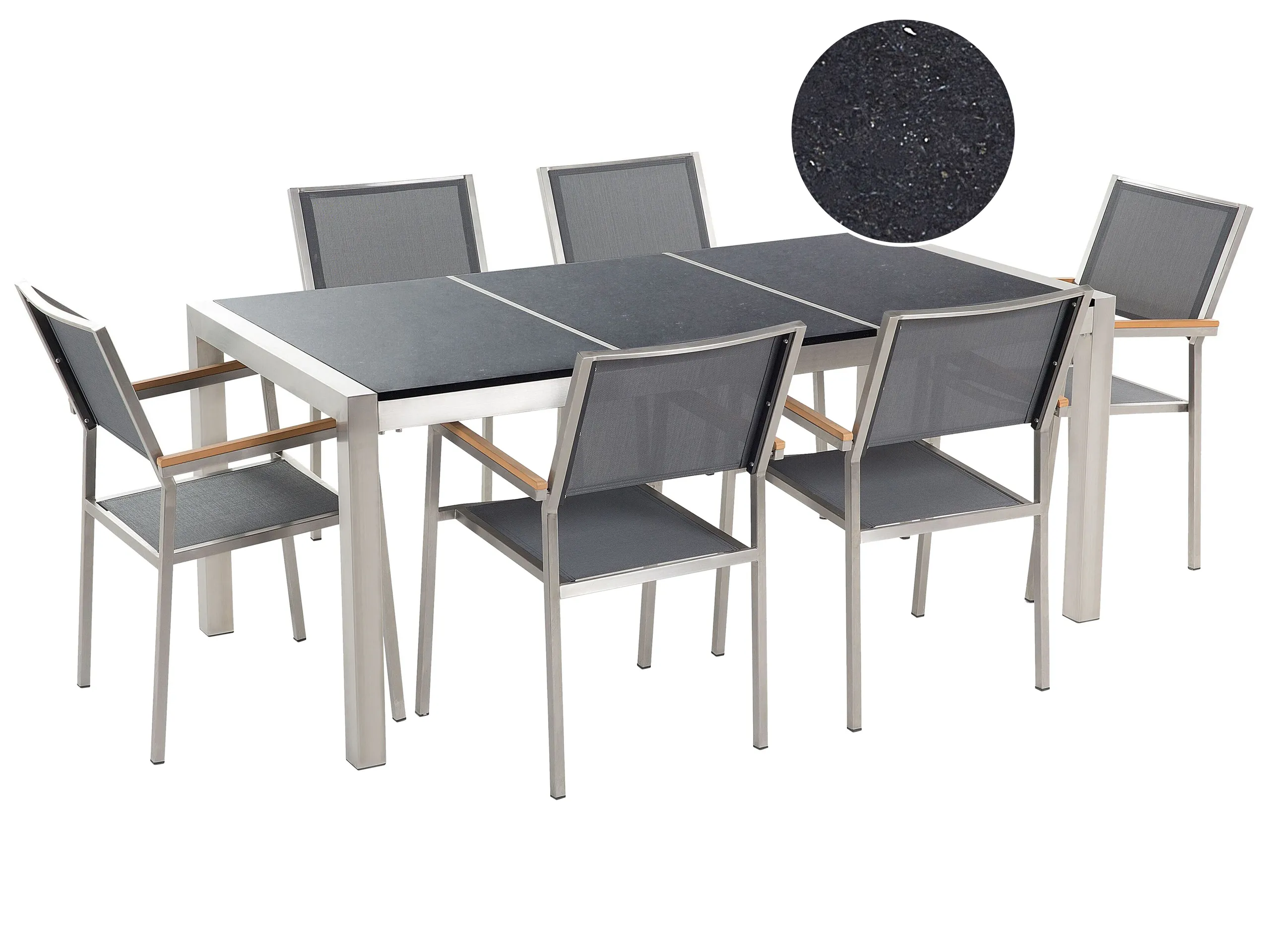 Conjunto de comedor exterior 6 plazas GROSSETO Placa triple Granito Pulido Gris/Negro