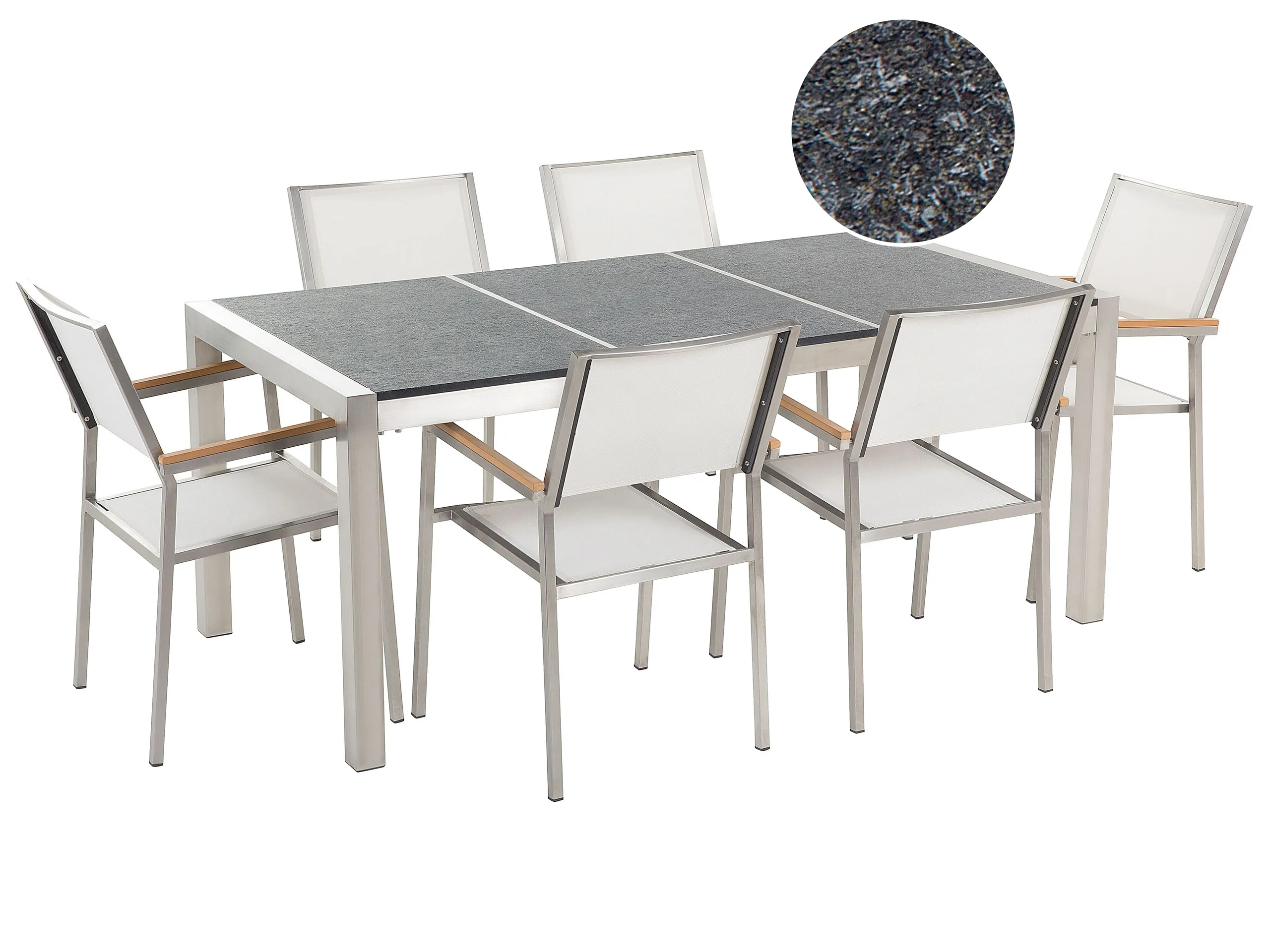 Conjunto de comedor exterior 6 plazas GROSSETO Placa triple Basalto Flameado Negro/Blanco