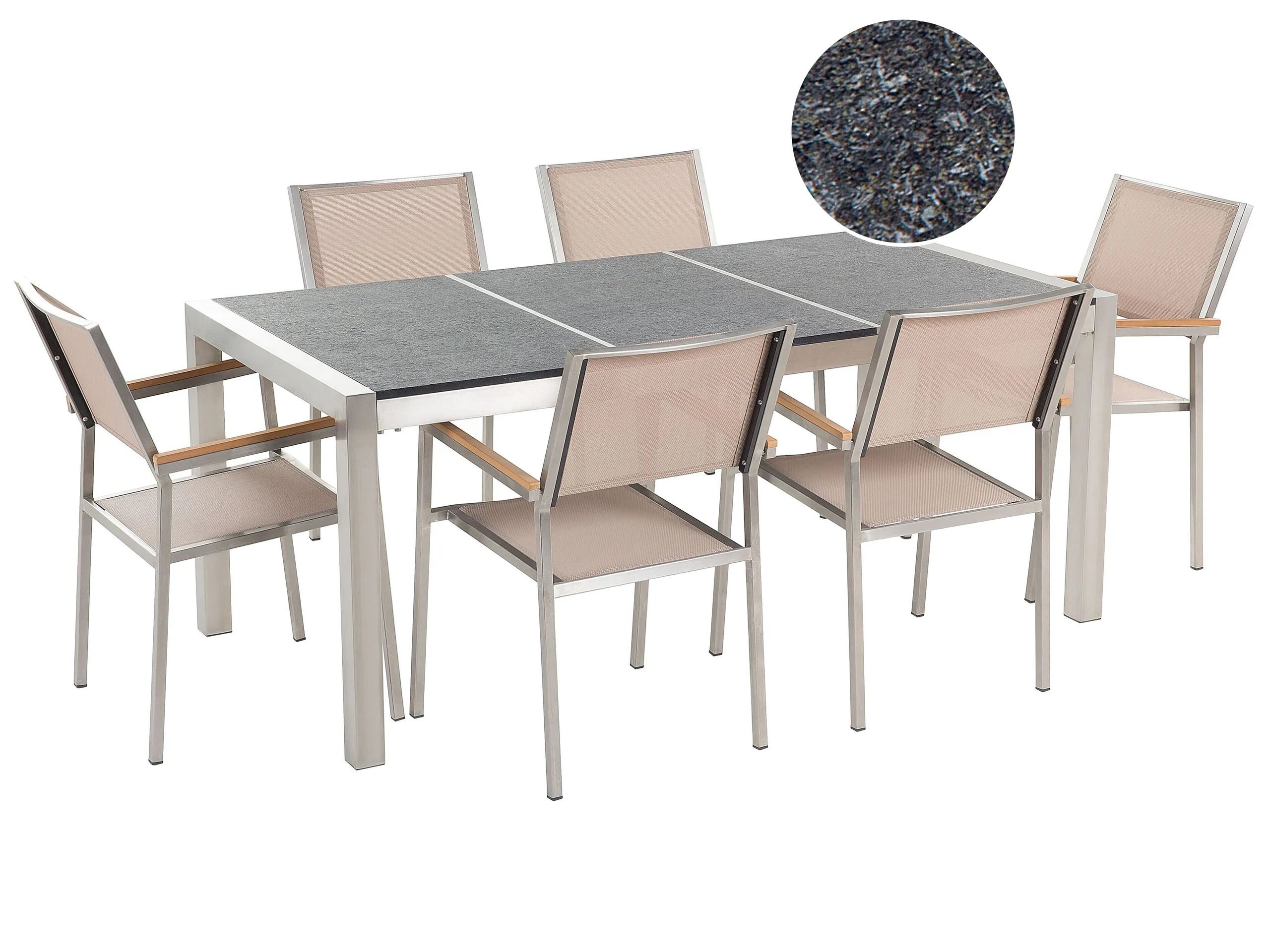 Conjunto de comedor exterior 6 plazas GROSSETO Placa triple Basalto Flameado Negro/Beige