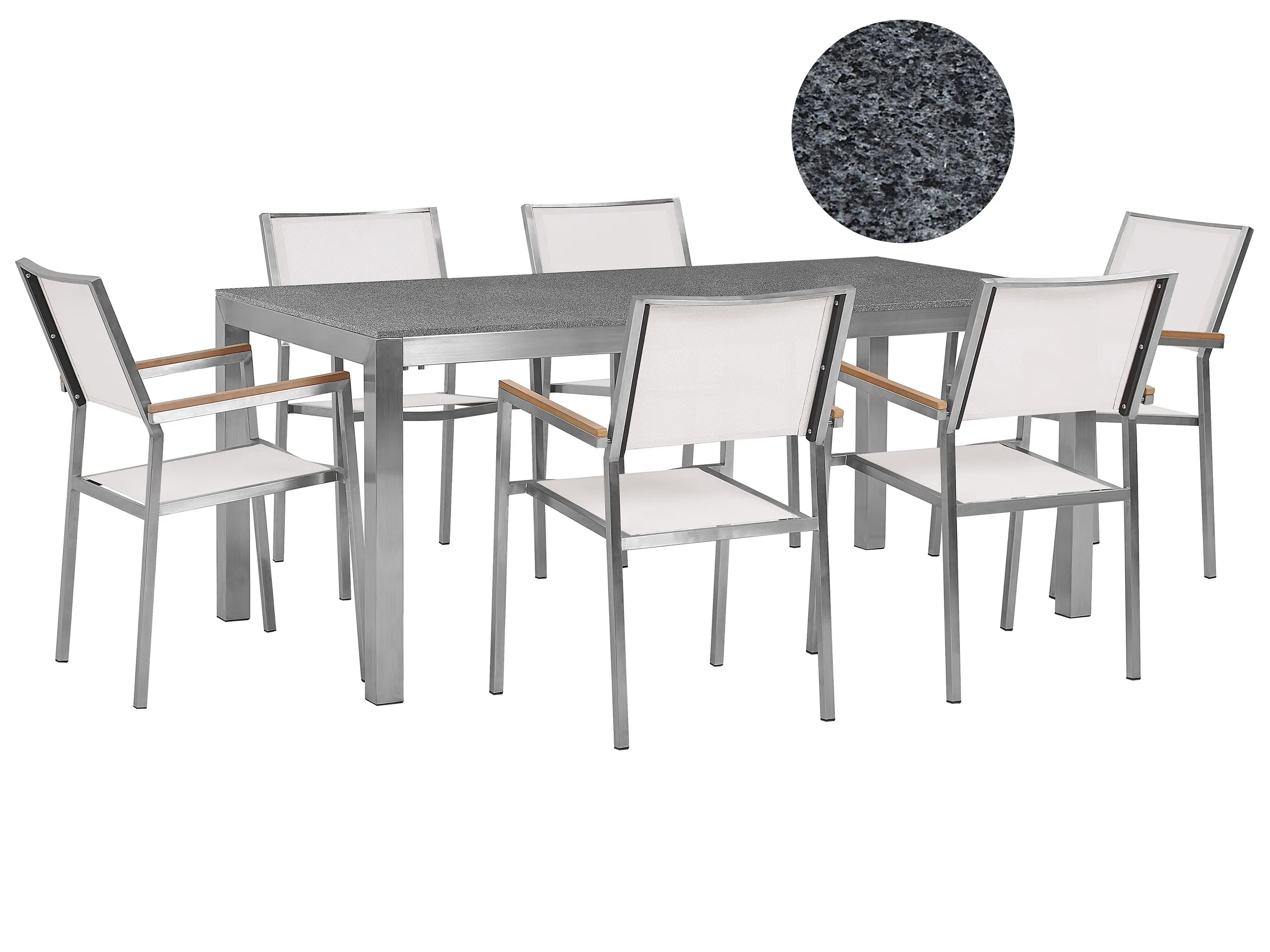 Conjunto de comedor exterior 6 plazas GROSSETO Granito Pulido Gris/Blanco