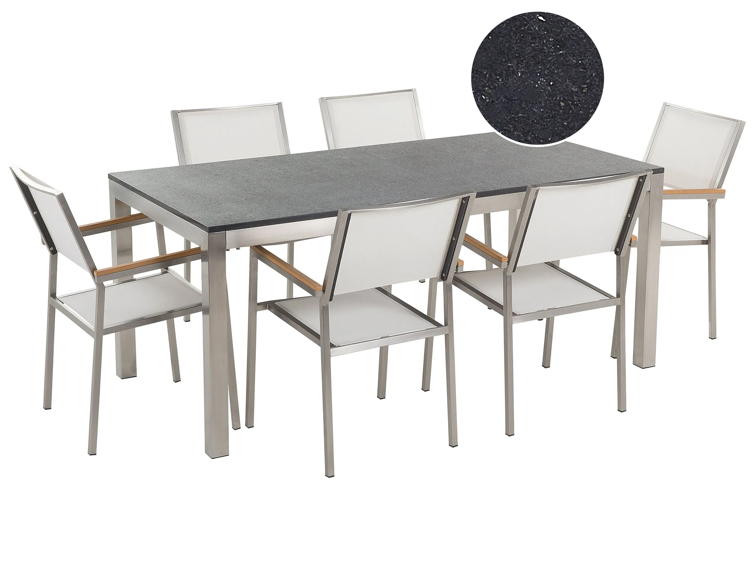 Conjunto de comedor exterior 6 plazas GROSSETO Granito Pulido Negro/Blanco