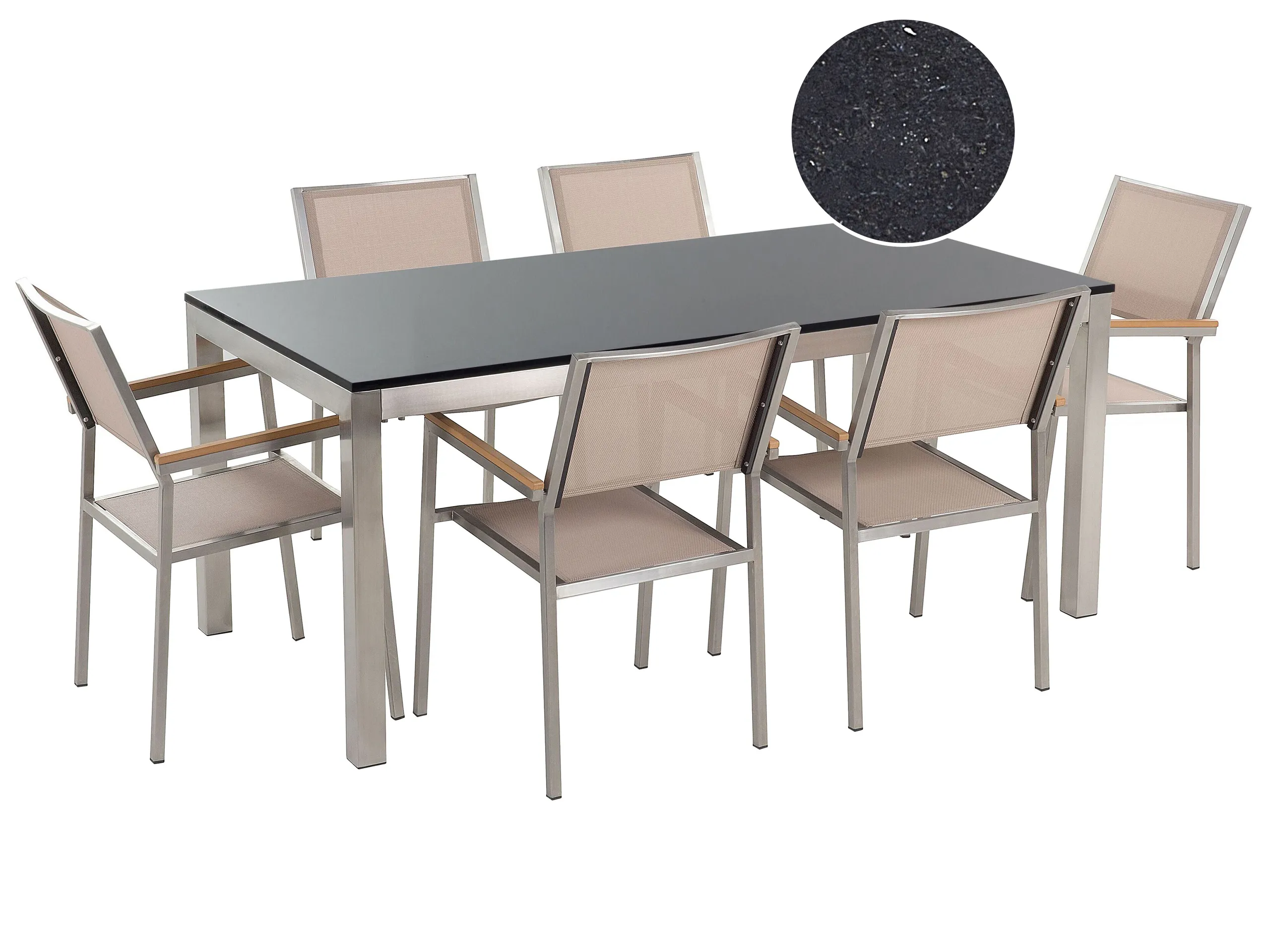 Conjunto de comedor exterior 6 plazas GROSSETO Granito Pulido Negro/Beige