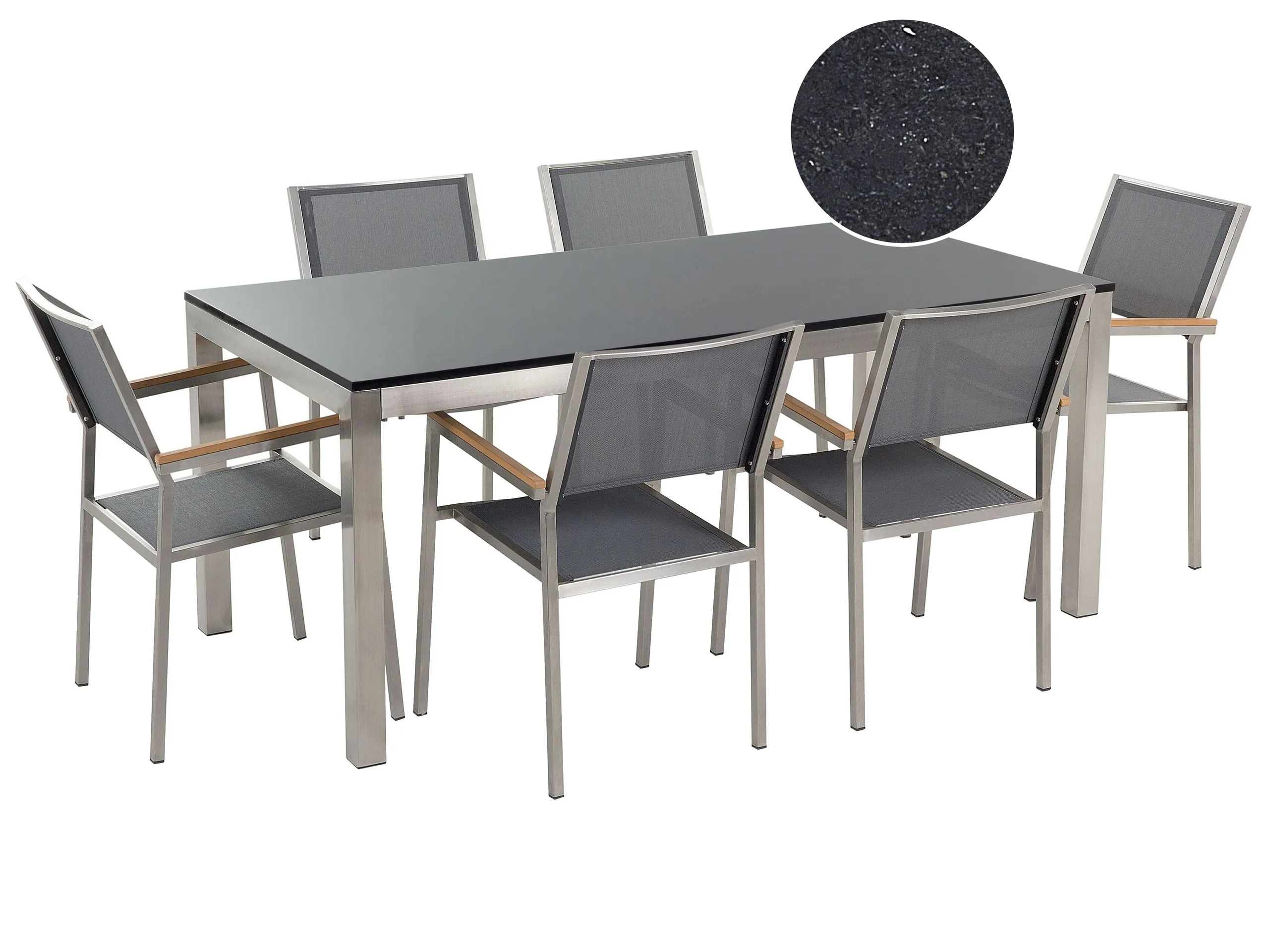 Conjunto de comedor exterior 6 plazas GROSSETO Granito Pulido Gris/Negro