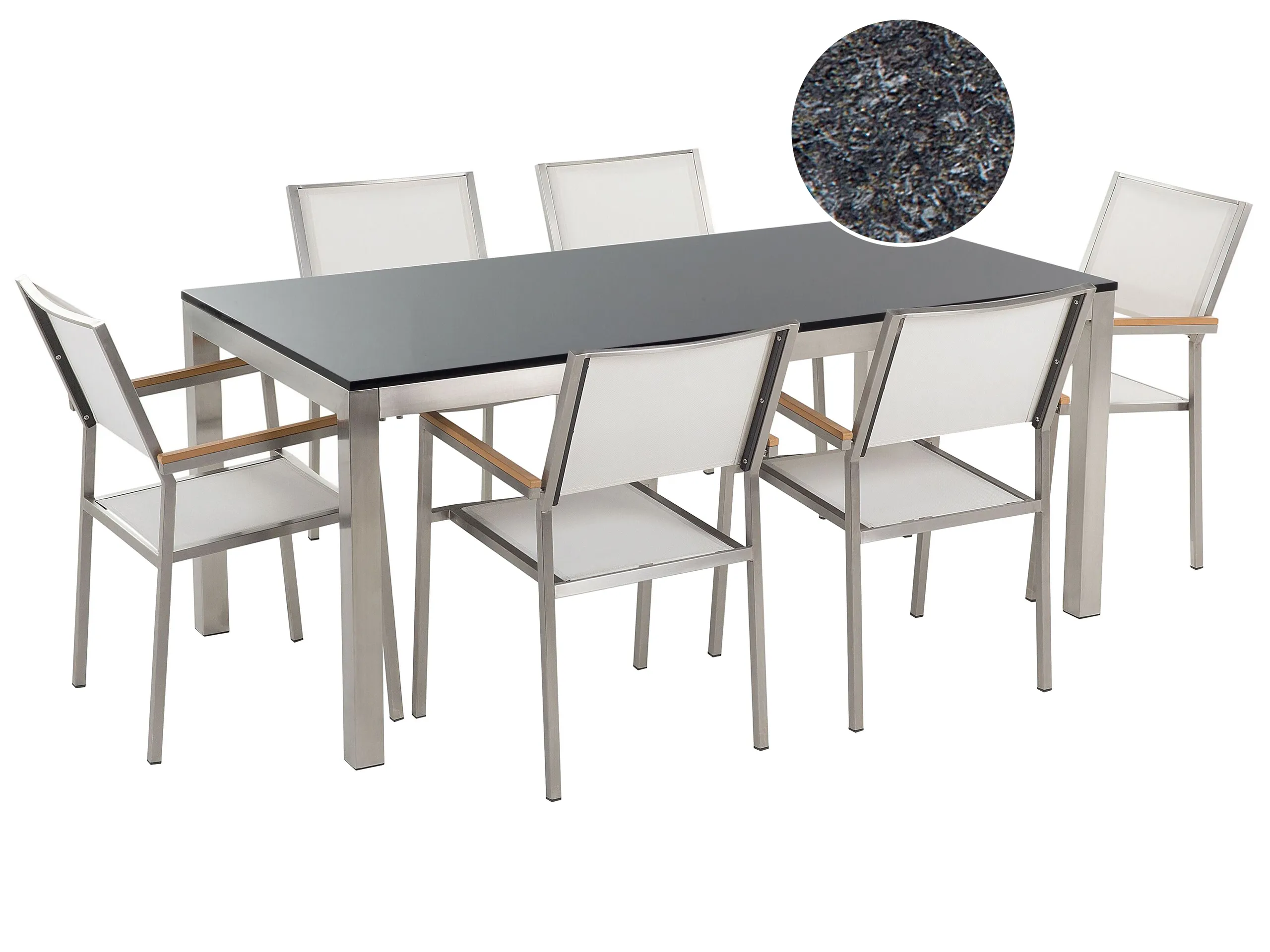 Conjunto de comedor exterior 6 plazas GROSSETO Granito Flameado Negro/Blanco