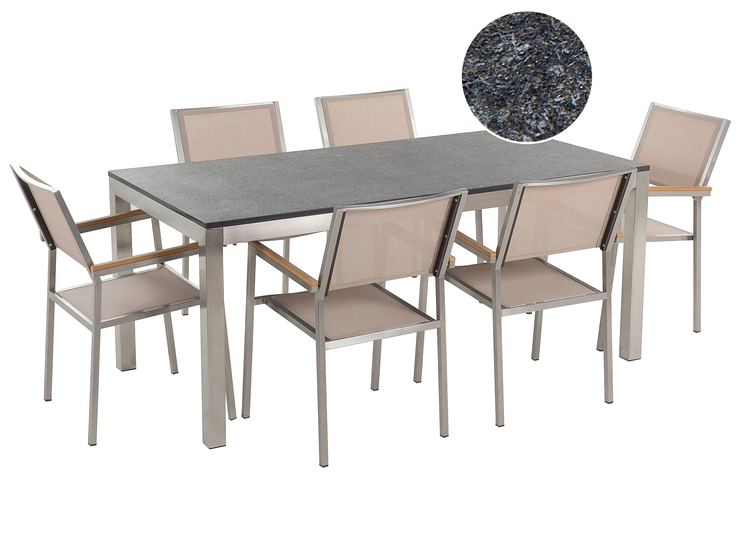 Conjunto de comedor exterior 6 plazas GROSSETO Granito Flameado Negro/Beige