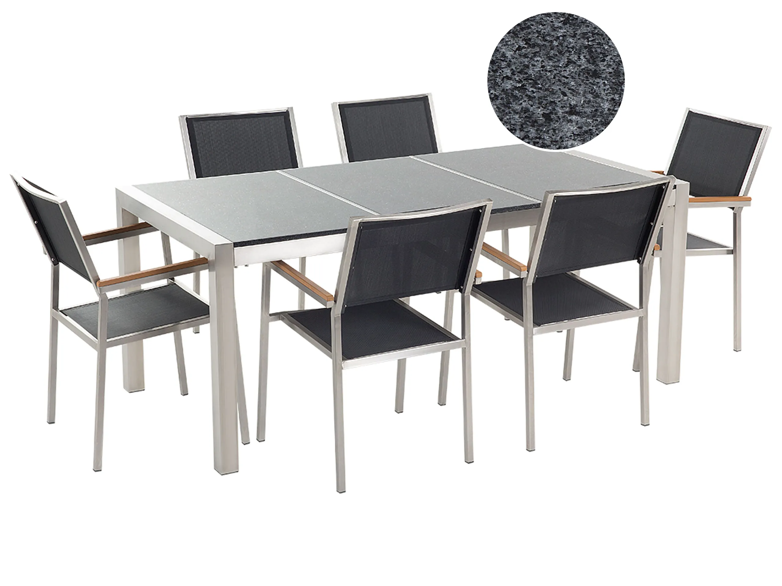 Conjunto de comedor exterior 6 plazas GROSSETO Placa triple Granito Pulido Negro/Gris