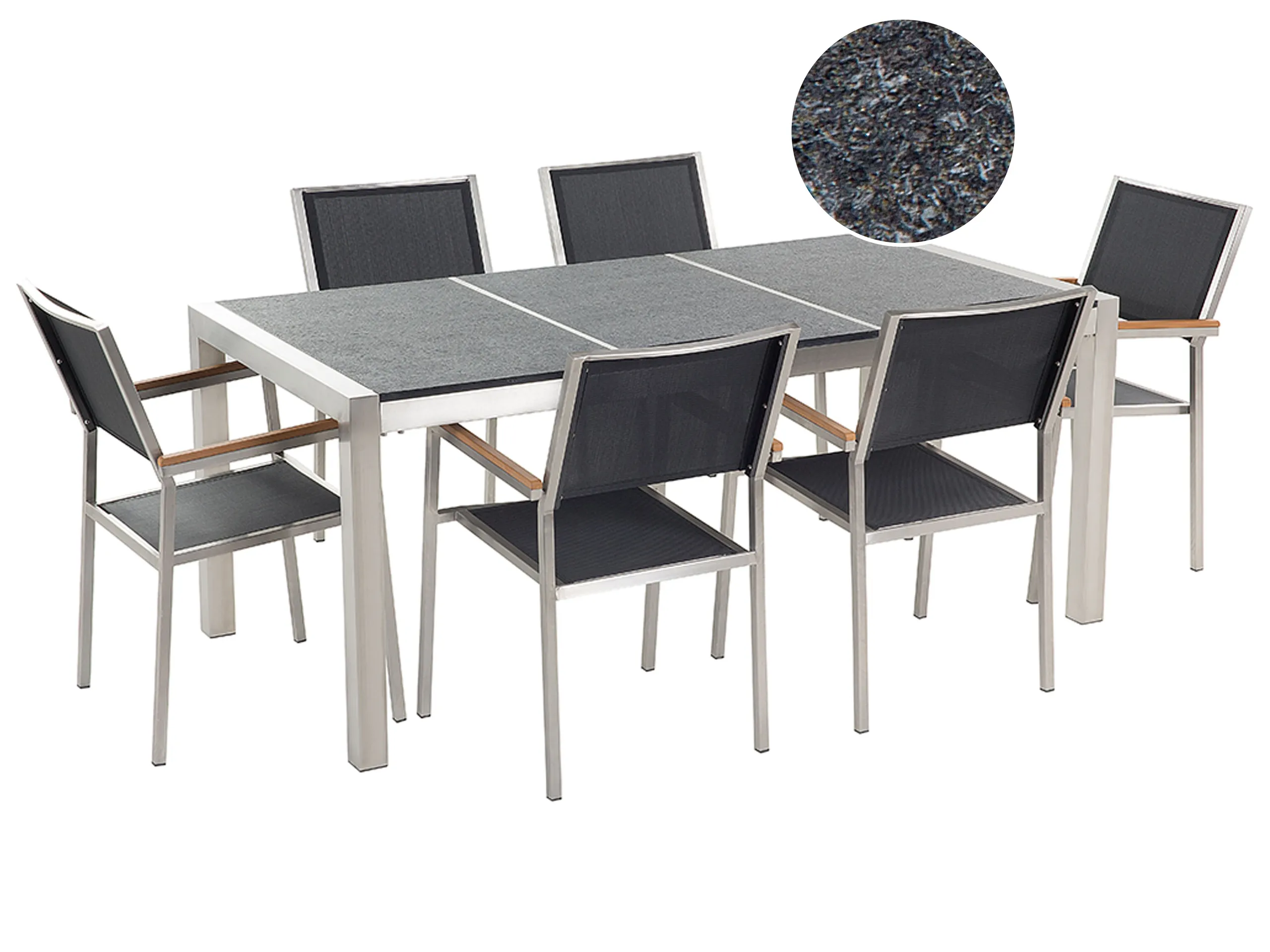 Conjunto de comedor exterior 6 plazas GROSSETO Placa triple Granito Flameado Negro