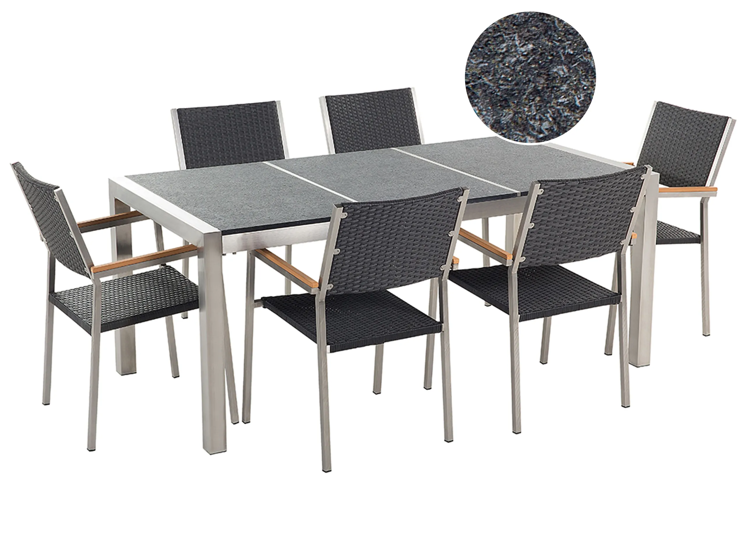 Conjunto de comedor exterior 6 plazas GROSSETO Placa triple Basalto Flameado Negro