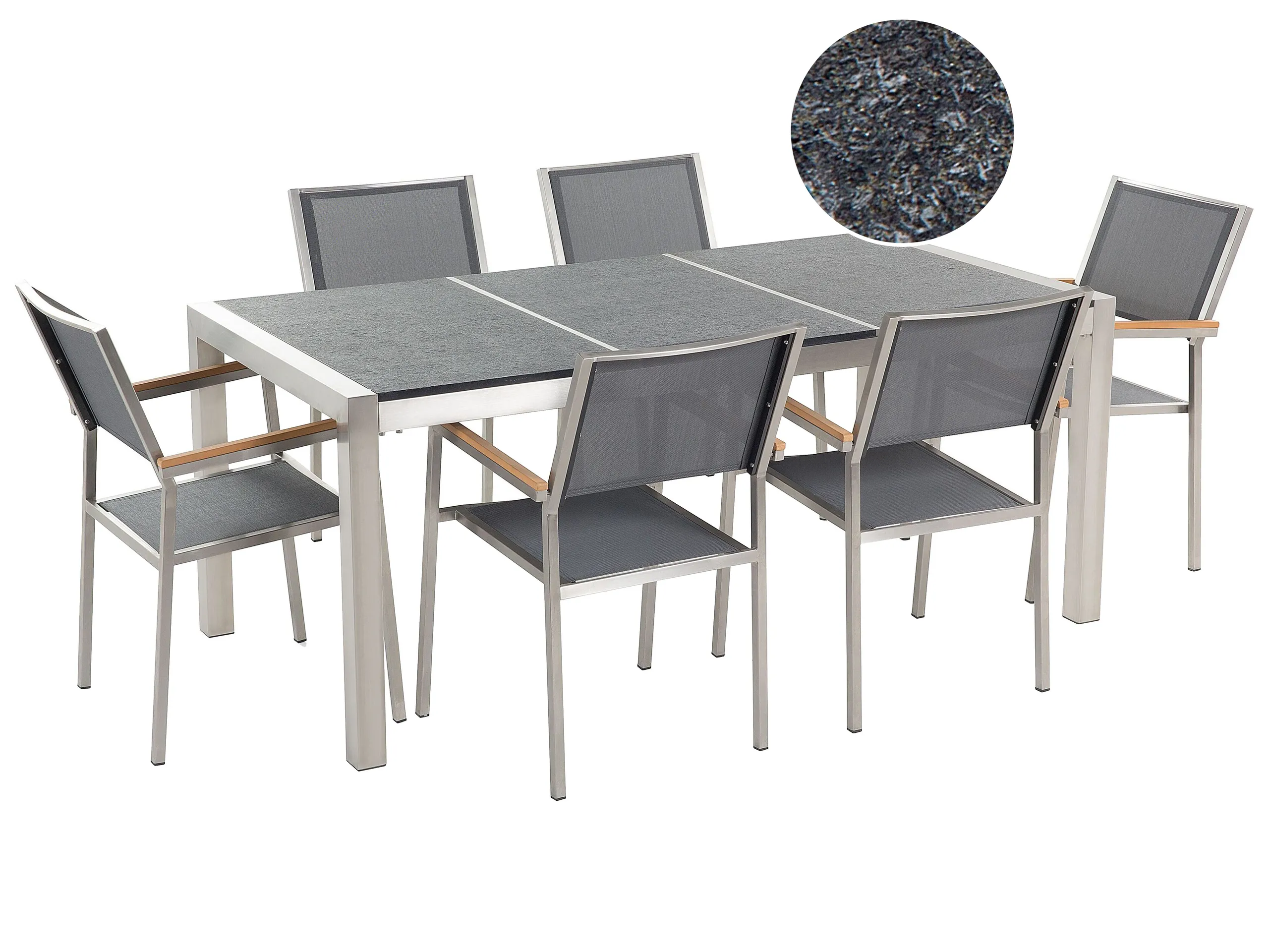Conjunto de comedor exterior 6 plazas GROSSETO Placa triple Basalto Flameado Negro/Gris